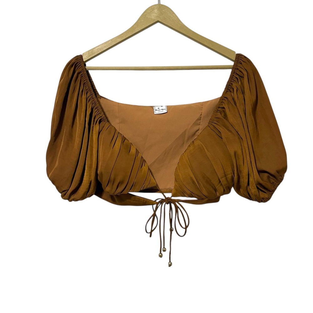 Angel Biba Size Small Bronze Puff Sleeve Tie Front Crop Top Gypsy Festival Fairy